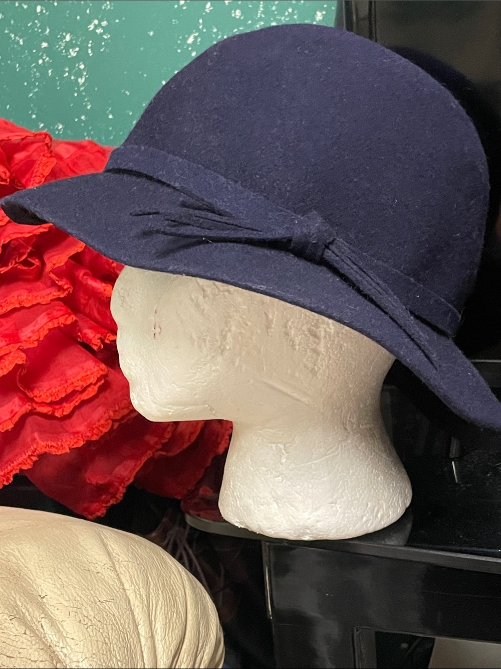 Vintage Navy Wool Cloche Hat with twill ribbon accent - Women Accessories